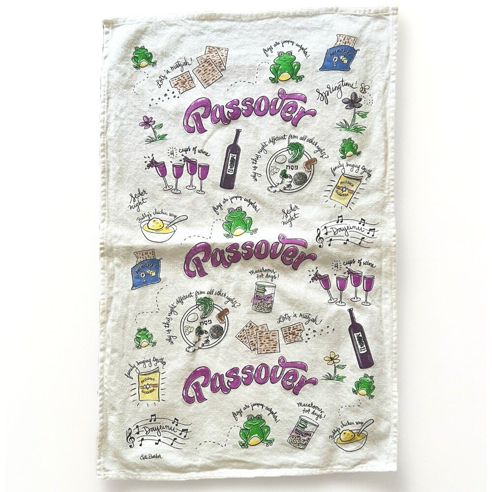 Passover Pesach cotton kitchen towel matzah frogs
